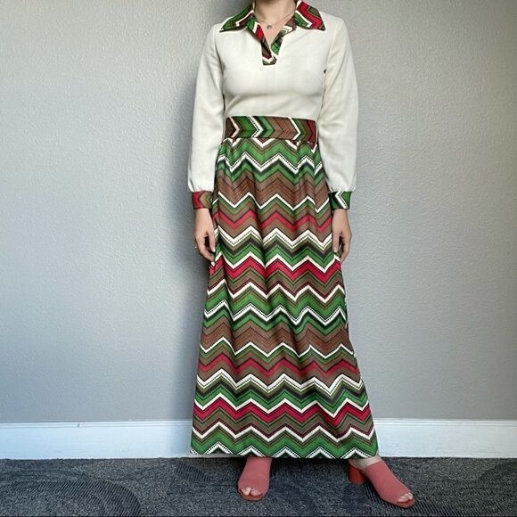 Vintage 60s Red Green Geometric Psychedelic Maxi Dress Size 6 - Picture 2 of 14